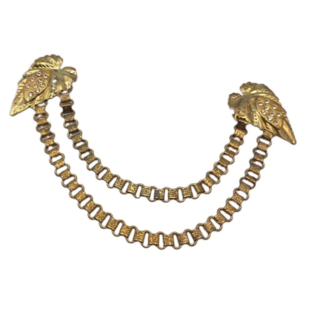 Vintage Victorian Sweater Clip Chatelaine Double Brooch Book Chain Leaf Brass